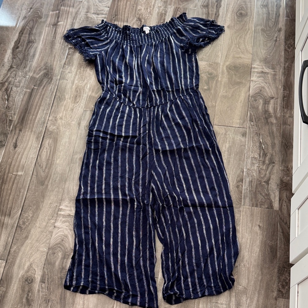Xhilaration Striped Off-Shoulder Jumpsuit in Dark Blue and White